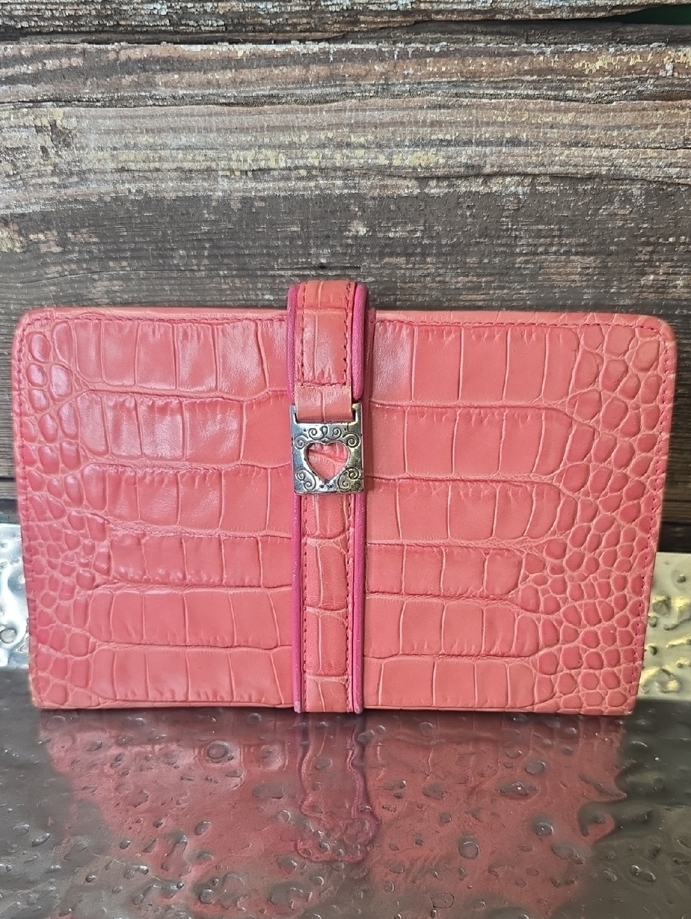 Brighton Maxwell Pink Croc-Embossed Leather Wallet with Heart Buckle